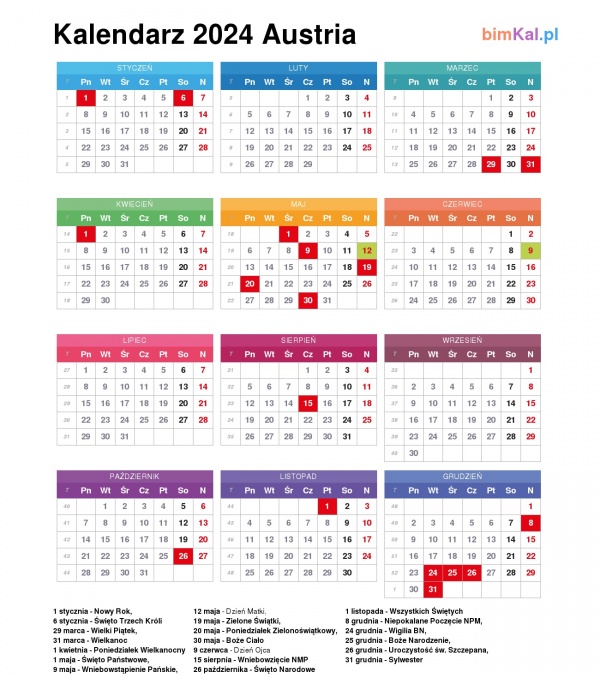 Austriacki kalendarz na 2024 rok dla Austrii bimKal.pl