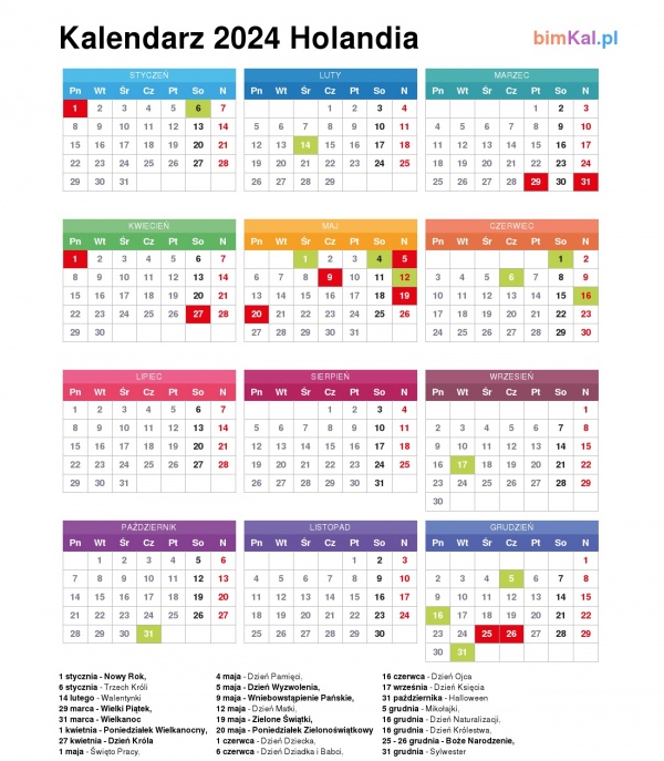 Kalendarz Holandia na 2024 rok bimKal.pl
