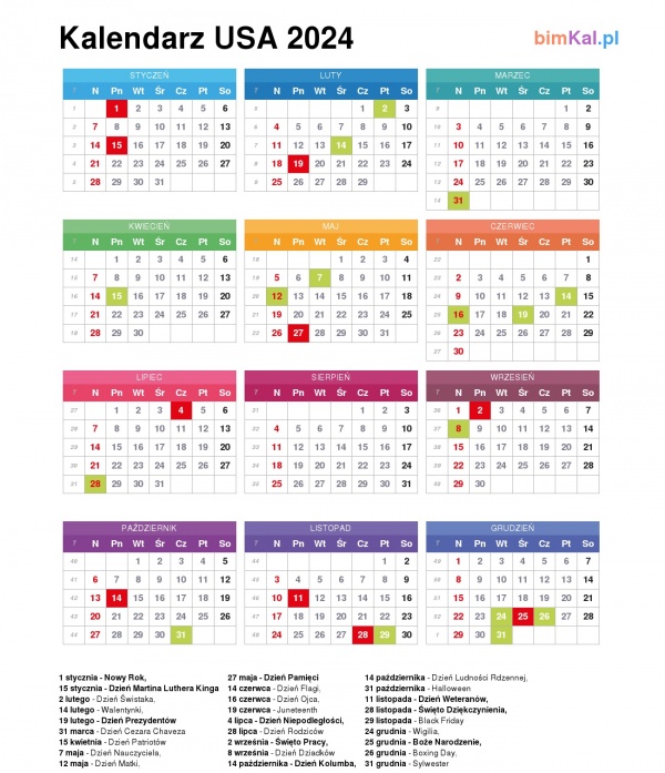 Kalendarz USA 2024 - amerykański kalendarz dla Stanów Zjednoczonych